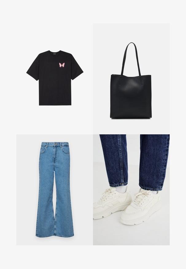 T-shirt en coton noir à manches courtes, avec un petit graphique de papillon rose sur la poitrine gauche. Modèle à col rond avec une coupe décontractée.; Jean flare bleu clair en denim, avec une taille haute, cinq poches et une fermeture à un bouton. Texture douce avec une finition décolorée.; Des baskets de sport blanches avec une semelle épaisse, un design à lacets et des panneaux texturés. Associées à un jean en denim bleu foncé et des chaussettes grises claires.; Sac fourre-tout en cuir noir avec une texture lisse, de forme rectangulaire et deux longues poignées. Pas de matériel ou d'ornementations visibles.