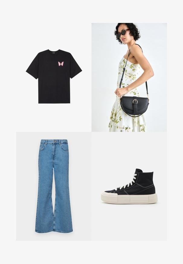 T-shirt de algodão preto com mangas curtas, apresentando um pequeno gráfico de borboleta rosa no lado esquerdo do peito. Design de gola redonda com um corte solto.; Jeans de brim azuis claros, com corte à boca de sino, apresentando uma cintura alta, cinco bolsos e um fecho de botão único. Textura macia com acabamento desbotado.; Sapatilha de cano alto preta em canvas com atacadores brancos, sola espessa em creme, costuras em contraste e design de bico redondo.; Bolsa de couro preta com forma curva, alça destacável e detalhes em dourado. A bolsa possui uma aba com detalhe de fivela.