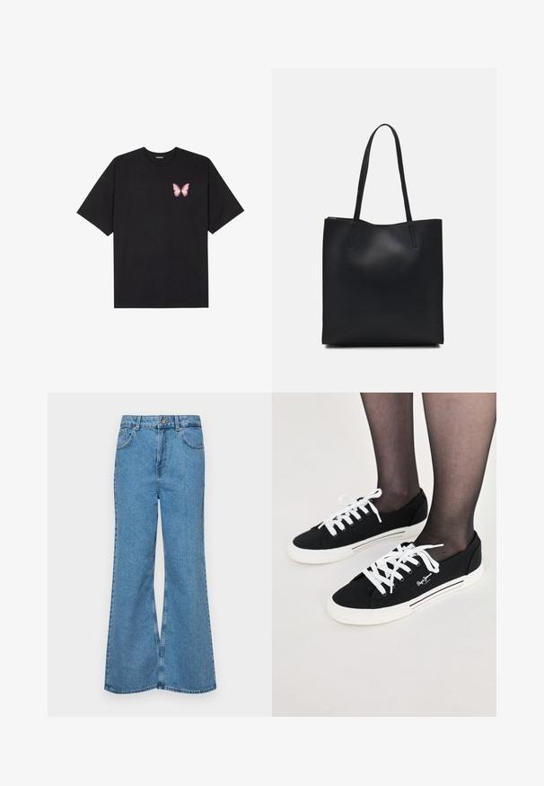 Fekete pamut póló rövid ujjakkal, bal mellkason egy kis rózsaszín pillangó grafikával. Kerek nyakú kialakítás, laza fazonnal.; Világoskék, trapézszárú farmernadrág, magas derékkal, öt zsebbel és egy gombos záródással. Puha tapintású, magasított effektusú anyag.; Fekete vászon sportcipők fehér fűzőkkel, fehér gumitalppal és oldalsó csíkkal. A külső oldalakon logó található.; Fekete bőrtáska sima felszínnel, téglalap alakú, két hosszú füllel. Nincs látható fémkiegészítő vagy díszítés.