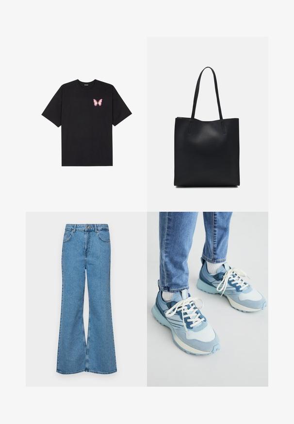 Črna bombažna majica s kratkimi rokavi, ki ima majhen roza metuljček na levi strani prsnega dela. Majica s krožnim ovratnikom in sproščenim krojem.; Svetlo modri razširjeni džins hlače iz denima, z visokim pasom, petimi žepi in enim gumbom za zapiranje. Mehka tekstura z blagim zbledelim videzom.; Svetlo modri športni copati, narejeni iz mešanice materialov. Imajo mrežasto zgornji del, akcenti iz semiša, bele vezalke in teksturiran gumijast podplat.; Črna usnjena torba s svilnato teksturo, pravokotne oblike in dvema dolgima ročajema. Brez vidnih metalnih delov ali okrasnih elementov.