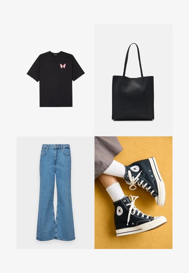 Juodas medvilnės marškinėliai trumpomis rankovėmis, su maža rožine drugelio grafika kairėje krūtinės pusėje. Apvalus kaklo iškirpimas, laisvas kirpimas.; Šviesiai mėlynos flared džinsai, pagaminti iš džinsinio audinio, su aukštu liemeniu, penkiomis kišenėmis ir vienu mygtuko užsegimu. Minkštas paviršius su išblukusiu efektu.; Juodos aukštos kanvos sportbačiai su baltais raišteliais ir guminiais padais, ant išorinės pusės esantis apvalus Converse All Star logotipas.; Juodas odinis tote krepšys su lygia tekstūra, stačiakampio formos ir dviem ilgais rankenomis. Matomų metalinių detalių ar puošybos nėra.