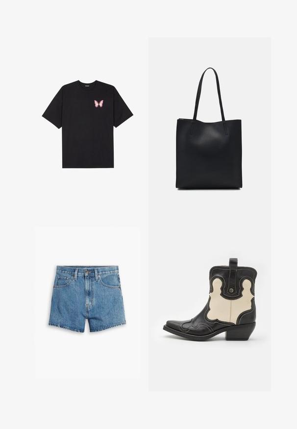 Sort bomulds T-shirt med korte ærmer, prydet med en lille pink sommerfugl grafik på venstre bryst. Rund hals design med en afslappet pasform.; Denim shorts i lyseblå, med fem lommer, lynlås og knappelukning. Kanten er tattered med et afslappet fit design.; Sort og creme læder cowboystøvle med hvid syning, spids tå, buede mønstre og en kort stablet hæl. Trækplade bagpå.; Sort læder tote taske med glat tekstur, rektangulær form og to lange hanke. Ingen synlig hardware eller udsmykninger.