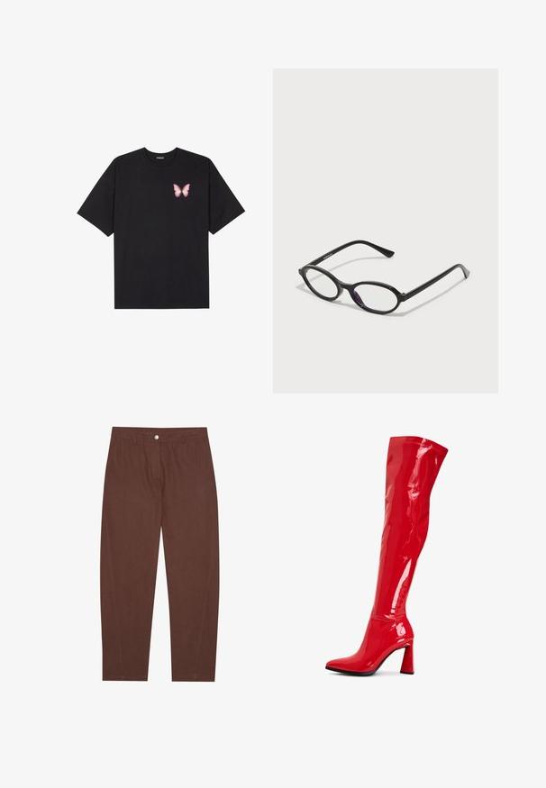 Tricou negru din bumbac cu mâneci scurte, având pe partea stângă a pieptului un mic grafic cu un fluture roz. Design cu guler rotund și croială lejeră.; Pantaloni din bumbac maro cu un design drept, având închidere frontală cu buton și buzunare laterale. Textură netedă cu detalii de cusătură minime.; Cizmă din piele patent roșie, până la genunchi, cu vârf ascuțit și toc masiv îndrăzneț. Prezintă un finisaj lucios și detalii cu cusături de-a lungul șanțului.; Ochelari cu ramă ovală neagră, cu accente translucide de violet pe lentile. Ramele au un finisaj mat și clești subțiri, drepți.