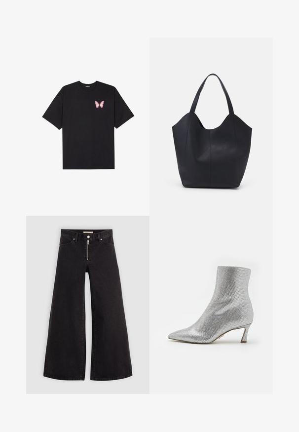 Sort bomulds T-shirt med korte ærmer, prydet med en lille pink sommerfugl grafik på venstre bryst. Rund hals design med en afslappet pasform.; Vide ben jeans i sort denim med lynlås foran, fem lomme-design og subtile stikninger. Glat tekstur og afslappet stil.; Sølv ankelstøvle med en tekstureret, netlignende overflade, spids tå og en lav, struktureret hæl. Har en glat indvendig foring.; Sort tote taske lavet af glat læder, med en buet, åben top, to skulderstropper og et minimalistisk design.; Sæt med otte metaløreringe i sølv- og guldfarver. Indeholder forskellige hoop-stile, teksturer og finishes, arrangeret efter størrelse.