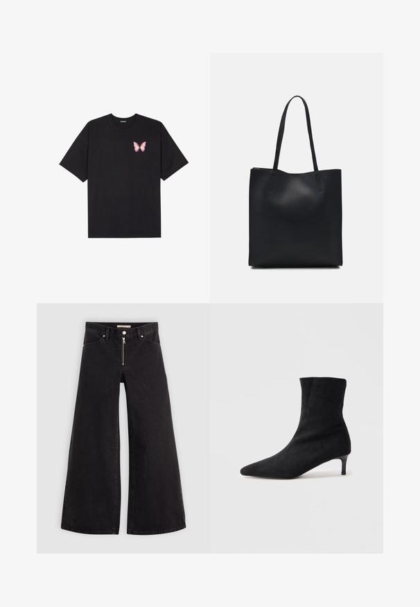 Must muströöpidega must puuvillane T-särk, vasakul rinnal on väike roosa liblikas. Ümar kaelus ja vabalt istuv lõige.; Laiad teksad mustast denimist, millel on lukuga eesmine osa, viie taskuga disain ja peened õmblusdetailid. Sile tekstuur ja juhuslik stiil.; Must musta ankelikott, millel on terav varvas ja kitsas, veidi kumer konts. Sujuv tekstuur ja minimalistik disain.; Mustast nahast kott sujuva tekstuuriga, ristkülikukujuline ja kahe pika sangaga. Pole nähtavat riistvara ega kaunistusi.