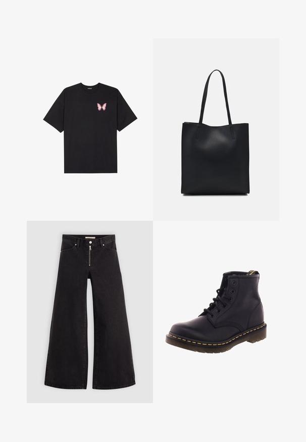 T-shirt nera in cotone con maniche corte, caratterizzata da una piccola grafica di una farfalla rosa sul lato sinistro del petto. Design a girocollo con una vestibilità rilassata.; Jeans a gamba larga in denim nero con chiusura a zip, design a cinque tasche e dettagli di cucitura sottili. Texture morbida e stile casual.; Stivale alla caviglia in pelle nera con sei occhielli metallici, punta rotonda, superficie testurizzata, cuciture gialle lungo la suola e suola in gomma spessa.; Borsa tote in pelle nera con texture liscia, forma rettangolare e due manici lunghi. Nessun hardware o decorazione visibile.