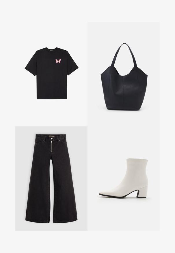 Camiseta de algodón negra de manga corta, con un pequeño gráfico de mariposa rosa en el lado izquierdo del pecho. Diseño de cuello redondo con un corte relajado.; Jeans de pierna ancha en denim negro con cierre frontal, diseño de cinco bolsillos y detalles de costura sutiles. Textura suave y estilo casual.; RAID DELPHIE - Botines - white; Bolso tote negro fabricado en cuero liso, con un diseño minimalista que presenta un borde superior curvado y dos asas para el hombro.