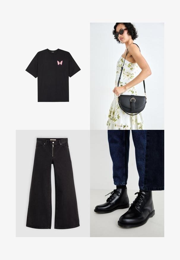 Crna pamučna majica s kratkim rukavima, s malim grafičkim prikazom ružičaste vjetricaste s desne strane na prsima. Dizajn s okruglim izrezom i opuštenim krojem.; Široke traperice od crnog denima s prednjim zatvaračem, dizajnom s pet džepova i suptilnim detaljima šivanja. Glatka tekstura i ležeran stil.; Crne kožne gležnjače s okruglim nožnim prstima, čipkastim dizajnom i metalnim rupicama. Nosi se s tamnoplavim trapericama ravnog kroja.; Crna kožna torba s lukovitim oblikom, odvojivim remenom i zlatnim detaljima. Torba ima preklop s kopčom.