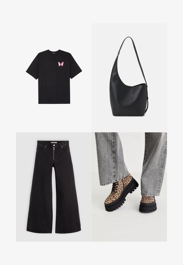 Črna bombažna majica s kratkimi rokavi, ki ima majhen roza metuljček na levi strani prsnega dela. Majica s krožnim ovratnikom in sproščenim krojem.; Široke traperice iz črnega denima z zadrgo spredaj, petimi žepi in diskretnimi šivi. Gladka tekstura in ležeren slog.; Steve Madden COAST - Gležnjarji z vezalkami - brown/multi-coloured; Črna usnjena hobo torba z gladko teksturo, ukrivljeno obliko in eno nastavljivo naramnico; ima širok odprtina na vrhu.