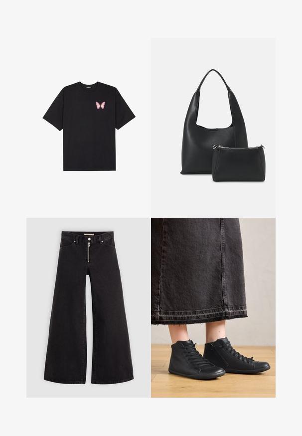 Must muströöpidega must puuvillane T-särk, vasakul rinnal on väike roosa liblikas. Ümar kaelus ja vabalt istuv lõige.; Laiad teksad mustast denimist, millel on lukuga eesmine osa, viie taskuga disain ja peened õmblusdetailid. Sile tekstuur ja juhuslik stiil.; Must mustad nahk-kotid kõrged kingad, millel on sile tekstuur, sisseehitatud paelad ja külgvisiir. Kandsid koos pika musta denim seeliku. ; Even&Odd Käekott - black
