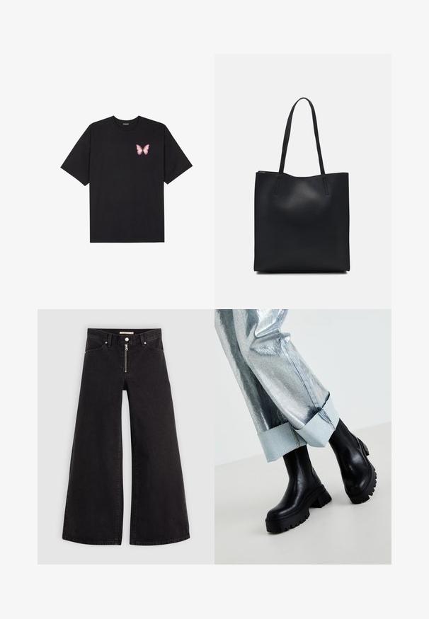 T-shirt de algodão preto com mangas curtas, apresentando um pequeno gráfico de borboleta rosa no lado esquerdo do peito. Design de gola redonda com um corte solto.; Calças de ganga de perna larga em denim preto com fecho éclair à frente, design de cinco bolsos e detalhes de costura subtil. Textura suave e estilo casual.; Botas pretas grossas até ao tornozelo com solas texturizadas, usadas com calças metálicas prateadas com uma bainha de denim claro. Design minimalista, materiais elegantes.; Bolsa tote preta em couro com textura lisa, forma retangular e duas alças longas. Sem hardware ou enfeites visíveis.