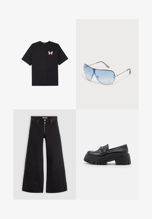 Black cotton t-shirt with short sleeves, featuring a small pink butterfly graphic on the left chest. Crew neck design with a relaxed fit.; Wide-leg jeans in black denim with a zippered front, five-pocket design, and subtle stitching details. Smooth texture and casual style.; Buffalo LION LOAFER - Slip-ons - black; Aviator sunglasses featuring a gradient blue lens, silver metal frame, and decorative star accents on the lens. Smooth and sleek design.