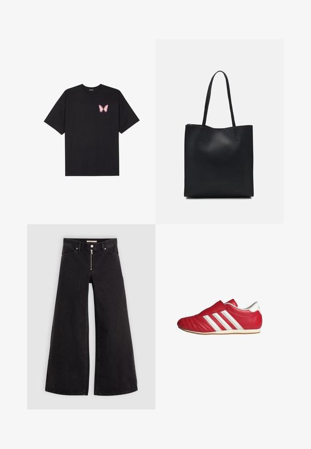 Črna bombažna majica s kratkimi rokavi, ki ima majhen roza metuljček na levi strani prsnega dela. Majica s krožnim ovratnikom in sproščenim krojem.; Široke traperice iz črnega denima z zadrgo spredaj, petimi žepi in diskretnimi šivi. Gladka tekstura in ležeren slog.; Rdeča usnjena športna čevlja z zaobljenim prstom, teksturirano zgornjim delom, belimi stranskimi črtami in Velcro trakom. Ravna gumijasta podplat za oprijem.; Črna usnjena torba s svilnato teksturo, pravokotne oblike in dvema dolgima ročajema. Brez vidnih metalnih delov ali okrasnih elementov.