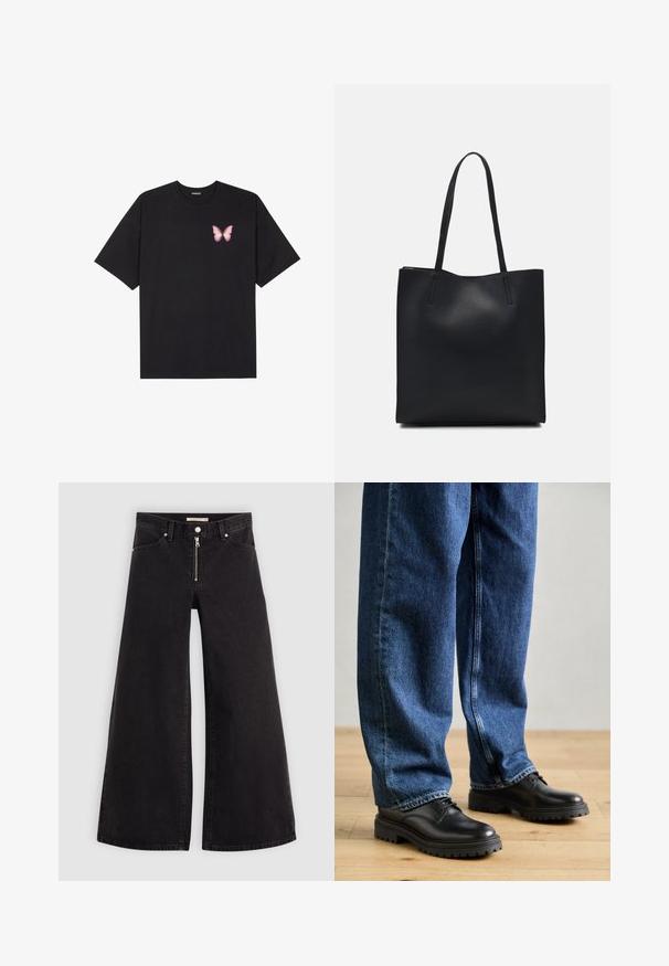 Must muströöpidega must puuvillane T-särk, vasakul rinnal on väike roosa liblikas. Ümar kaelus ja vabalt istuv lõige.; Laiad teksad mustast denimist, millel on lukuga eesmine osa, viie taskuga disain ja peened õmblusdetailid. Sile tekstuur ja juhuslik stiil.; Mustadast nahast kingad ümarate varvastega, blokeeritud sajandi sidumisega ja paksu, tekstuuriga kummitaldaga, mis on kombineeritud lõdva sinise teksapükstega.; Mustast nahast kott sujuva tekstuuriga, ristkülikukujuline ja kahe pika sangaga. Pole nähtavat riistvara ega kaunistusi.