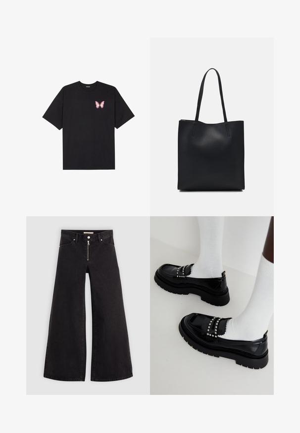 Černé bavlněné tričko s krátkým rukávem, na levém prsou s malou grafikou růžové motýlky. Design s kruhovým výstřihem a volným střihem.; Džíny s širokými nohavicemi v černém denimovém provedení se zipem vpředu, pěti kapsami a jemnými švy. Hladká textura a ležérní styl.; Černé lakované boty s robustní podrážkou, ozdobené stříbrnými cvočky a vykrajovanými detaily, nošené s bílými ponožkami.; Černá kožená taška přes rameno s hladkým povrchem, obdélníkovým tvarem a dvěma dlouhými uchy. Žádné viditelné kování ani ozdoby.