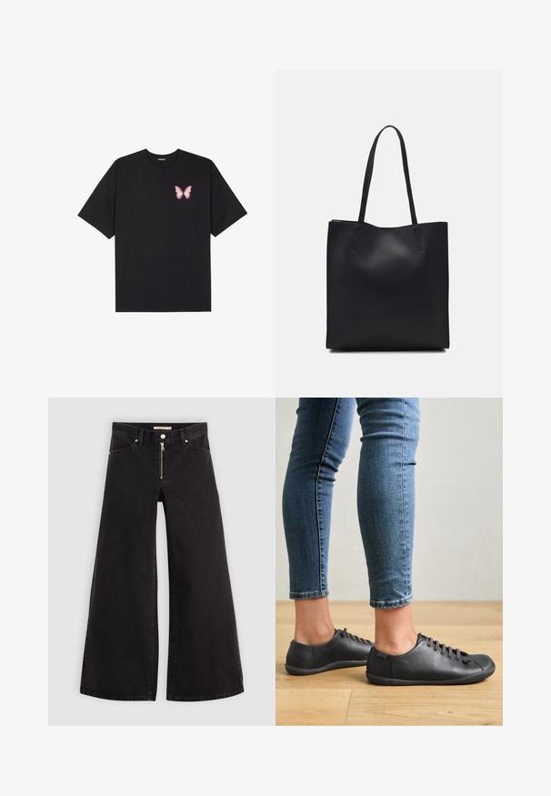 Black cotton t-shirt with short sleeves, featuring a small pink butterfly graphic on the left chest. Crew neck design with a relaxed fit.; Wide-leg jeans in black denim with a zippered front, five-pocket design, and subtle stitching details. Smooth texture and casual style.; Black leather shoes with a rounded toe, low profile, and lace-up design. Pairing with blue, fitted jeans and a wood floor background.; Black leather tote bag with smooth texture, rectangular shape, and two long handles. No visible hardware or embellishments.