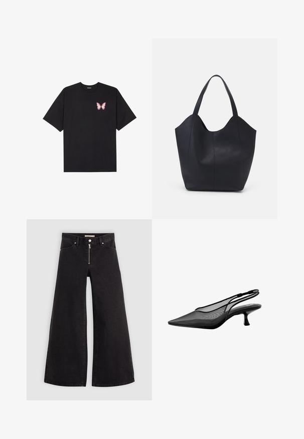 Čierne bavlnené tričko s krátkymi rukávmi, s malým ružovým motýlikom na ľavej hrudi. Design s okrúhlym výstrihom a uvoľneným strihom.; Dlhé nohavice vo voľnom strihu z čierneho denimu so zipsom vpredu, päť vrecúškovým dizajnom a jemnými stehovými detailmi. Hladká textúra a neformálny štýl.; Next FOREVER  BACK KITTEN HEELS - REGULAR FIT - Klasické lodičky na opätku - black; Čierna taška s dlhým uchom vyrobená z hladkej kože, s oblým otvoreným vrchom a dvoma ramennými popruhmi, minimalistického dizajnu.
