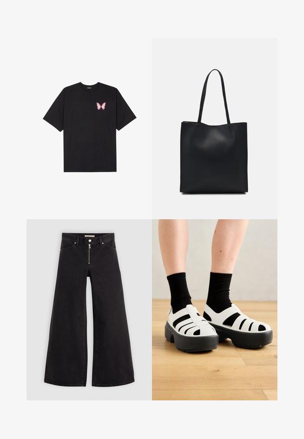 Juodas medvilnės marškinėliai trumpomis rankovėmis, su maža rožine drugelio grafika kairėje krūtinės pusėje. Apvalus kaklo iškirpimas, laisvas kirpimas.; Plačios kojų džinsai iš juodo džinsinio audinio su užtrauktuku priekyje, penkių kišenių dizainu ir subtiliais siuvinėjimo akcentais. Lygus paviršius ir laisvalaikio stilius.; Baltos masyvios sandalai su juodais akcentais, su keliomis išpjovomis ir storu juodu padu. Tekstūruota medžiaga dengia pirštus ir šonus.; Juodas odinis tote krepšys su lygia tekstūra, stačiakampio formos ir dviem ilgais rankenomis. Matomų metalinių detalių ar puošybos nėra.