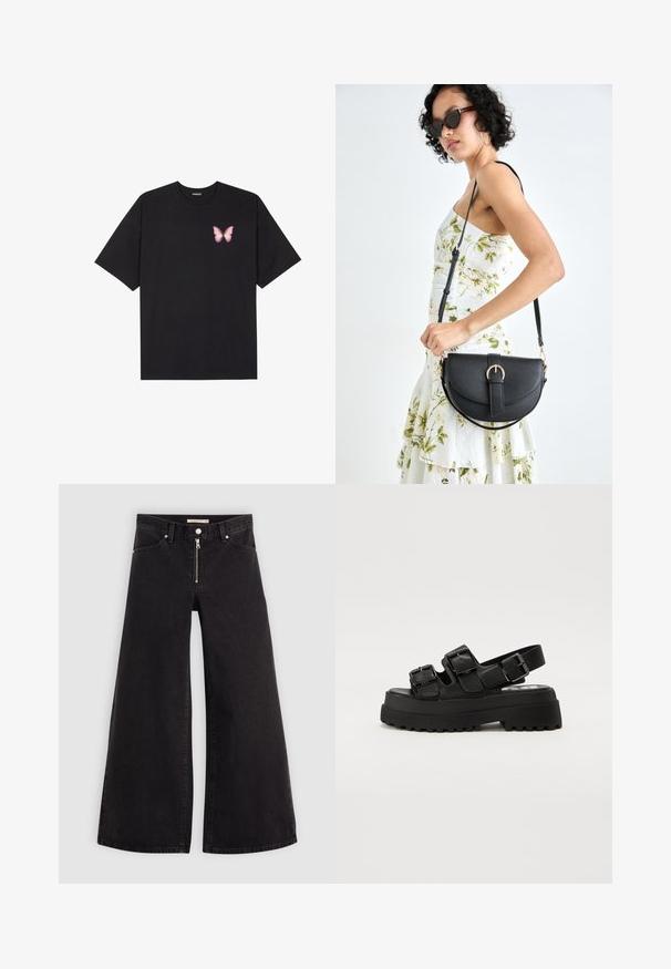 Černé bavlněné tričko s krátkým rukávem, na levém prsou s malou grafikou růžové motýlky. Design s kruhovým výstřihem a volným střihem.; Džíny s širokými nohavicemi v černém denimovém provedení se zipem vpředu, pěti kapsami a jemnými švy. Hladká textura a ležérní styl.; Černé platformové sandály s třemi nastavitelými přezkami, texturovanou podrážkou a hladkým svrškem. Navrženo s pevnou, robustní siluetou.; Černá kožená kabelka s křivkovým tvarem, odnímatelným popruhem a zlatými detaily. Kabelka má klopu s přezkou.