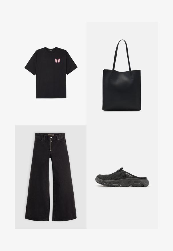 Tricou negru din bumbac cu mâneci scurte, având pe partea stângă a pieptului un mic grafic cu un fluture roz. Design cu guler rotund și croială lejeră.; Jeans cu picioare largi din denim negru, cu fermoar în față, design cu cinci buzunare și detalii subtile de cusătură. Textură netedă și stil casual.; Pantof de plasă negru, tip slip-on, cu talpă din cauciuc texturat, vârf rotunjit și mânere pentru tras. Prezintă cusături vizibile și un detaliu subtil al logo-ului.; Geantă tote neagră din piele, cu textură netedă, formă rectangulară și două mânere lungi. Fără hardware vizibil sau ornamente.