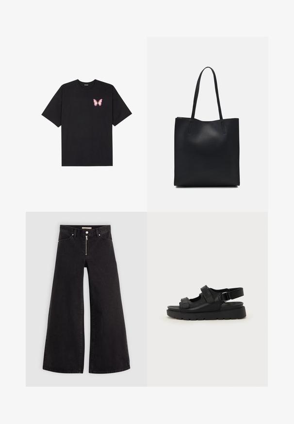 Fekete pamut póló rövid ujjakkal, bal mellkason egy kis rózsaszín pillangó grafikával. Kerek nyakú kialakítás, laza fazonnal.; Fekete denim széles szárú farmer, cipzáros elejével, öt zsebes kialakítással és diszkrét varrással. Sima textúra és laza stílus.; Fekete bőr szandálok masszív talppal, állítható pántokkal és kivágott részletekkel a szellőzés érdekében. Simaság jellemzi, matt felülettel.; Fekete bőrtáska sima felszínnel, téglalap alakú, két hosszú füllel. Nincs látható fémkiegészítő vagy díszítés.