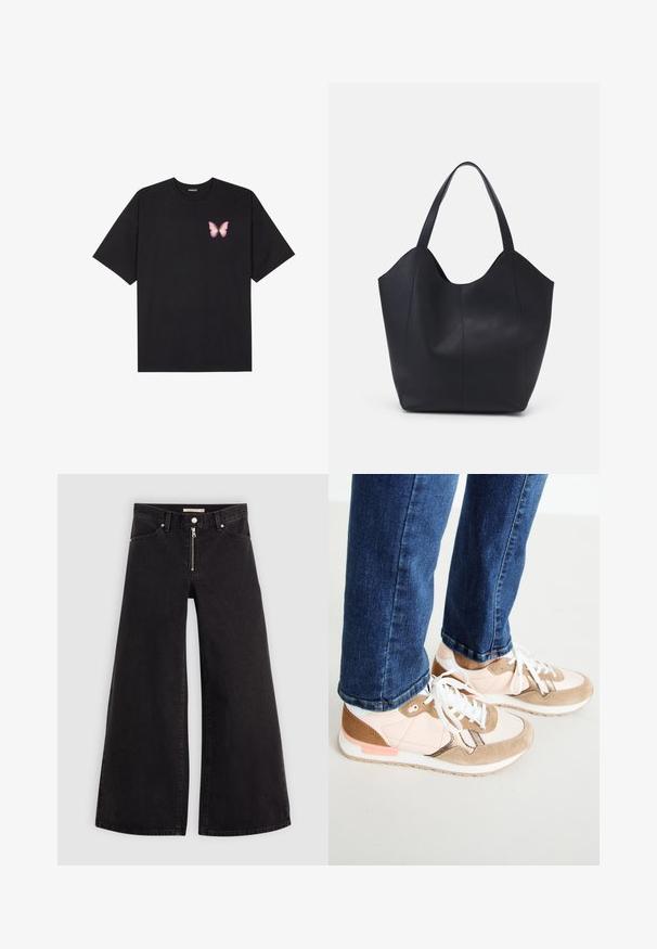 Black cotton t-shirt with short sleeves, featuring a small pink butterfly graphic on the left chest. Crew neck design with a relaxed fit.; Wide-leg jeans in black denim with a zippered front, five-pocket design, and subtle stitching details. Smooth texture and casual style.; Sneakers with a mix of blush pink leather and beige suede, featuring white laces, a white midsole, and a textured rubber outsole. Denim jeans are slightly cropped above the shoe.; Black tote bag made of smooth leather, featuring a curved, open top with two shoulder straps and a minimalist design.