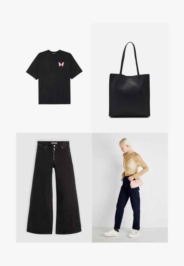 Czarny bawełniany t-shirt z krótkim rękawem, z małym różowym motylkiem na lewej piersi. Klasyczny dekolt z luźnym fasonem.; Jeans o szerokich nogawkach w czarnym denienie z zamkiem błyskawicznym z przodu, pięcioma kieszeniami i subtelnymi detalami przeszycia. Gładka tekstura i swobodny styl.; Przezroczysta złota bluzka z długim rękawem zestawiona z ciemnoniebieskimi spodniami o prostym kroju. Niesie małą różową pikowaną torebkę na łańcuszku oraz białe trampki.; Czarna skórzana torba tote o gładkiej fakturze, prostokątnym kształcie i dwóch długich uchwytach. Brak widocznych elementów metalowych i ozdób.