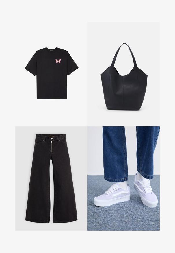 Melna kokvilnas T-krekls ar īsām piedurknēm, kuram priekšā kreisajā pusē ir neliels rozā tauriņa grafiskais attēls. Ar apaļu kaklu un brīvā stila piegriezumu.; Platas kājas džinsi melnā džinsa audumā ar rāvējslēdzēju priekšā, piecu kabatu dizains un smalkas šuvju detaļas. Gluda tekstūra un ikdienišķs stils.; Gai violets zamšas kedas ar baltām akcentēm, plakaniem šņorēm un biezu balto zoli, valkātas ar gaišiem zeķēm un brīviem denima biksēm.; Melnas rokassomas, kas izgatavota no gludas ādas, ar izliekto atvērto augšu, divām plecu jostām un minimālistisku dizainu.