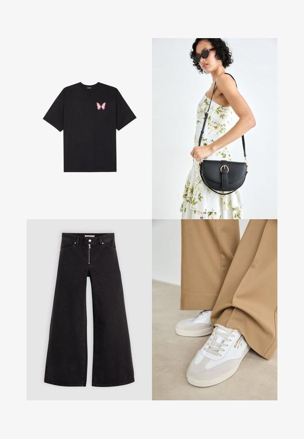 Zwarte katoenen t-shirt met korte mouwen, voorzien van een kleine roze vlinder graphic op de linkerkant van de borst. Crew neck ontwerp met een relaxte fit.; Wijdvallende jeans van zwarte denim met een ritssluiting aan de voorkant, vijf zakken en subtiele stikdetails. Soepele textuur en casual stijl.; Witte sneakers met suède accenten, gestructureerde veters en een rubberen zool. Gecombineerd met losse beige broek. Logo zichtbaar aan de zijkant.; Zwarte leren handtas met een gebogen vorm, afneembare schouderband en gouden hardware. De tas heeft een klep met een gespsluiting.