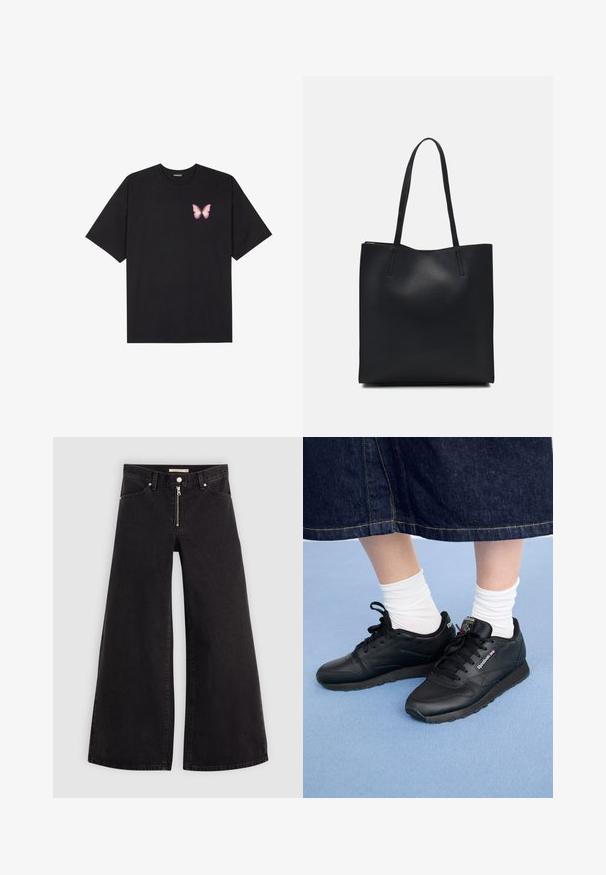 Czarny bawełniany t-shirt z krótkim rękawem, z małym różowym motylkiem na lewej piersi. Klasyczny dekolt z luźnym fasonem.; Jeans o szerokich nogawkach w czarnym denienie z zamkiem błyskawicznym z przodu, pięcioma kieszeniami i subtelnymi detalami przeszycia. Gładka tekstura i swobodny styl.; Czarne sportowe sneakersy wykonane ze skóry, z sznurówką z przodu, teksturowaną podeszwą oraz brandingiem z boku, noszone z białymi skarpetami i dżinsową spódnicą.; Czarna skórzana torba tote o gładkiej fakturze, prostokątnym kształcie i dwóch długich uchwytach. Brak widocznych elementów metalowych i ozdób.