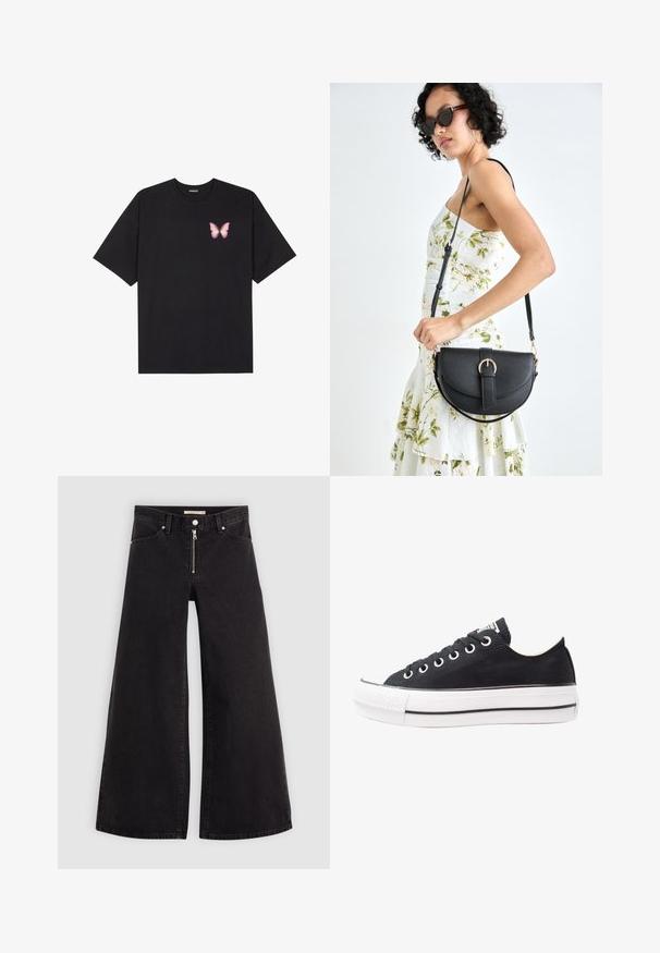 Juodas medvilnės marškinėliai trumpomis rankovėmis, su maža rožine drugelio grafika kairėje krūtinės pusėje. Apvalus kaklo iškirpimas, laisvas kirpimas.; Plačios kojų džinsai iš juodo džinsinio audinio su užtrauktuku priekyje, penkių kišenių dizainu ir subtiliais siuvinėjimo akcentais. Lygus paviršius ir laisvalaikio stilius.; Juodas drobės sportbačių modelis su baltu gumuotu padu, apvalia nosimi, žemo profilio dizainu, metalinėmis akytėmis ir tekstūruotu priekiniu kraštu. Plona juoda juostelė palei padą.; Juodas odinis krepšys su išlenkta forma, nuimamu dirželiu ir auksiniais detalėmis. Krepšys turi kilpą su sagtimi.