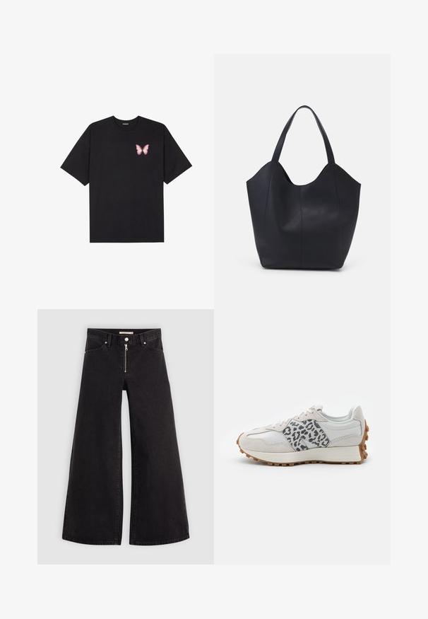 Musta puuvillapaita lyhyillä hihoilla, jossa on pieni vaaleanpunainen perhosgrafiikka vasemmassa rinnassa. Pyöreä kaula-aukko ja rento istuvuus.; Mustat leveälahkeiset farkut, joissa on vetoketjufrunti, viisi-taskuinen muotoilu ja hienovaraiset ompelusyyt. Sileä pinta ja rento tyyli.; Valkeat lenkkarit, joissa on harmaat leopardikuviot, keinonahkaa ja nahkaa, kuvioitu pohja sekä kumipohja, pyöreä kärki ja nauhakiristys.; Mustat kangaskassit, jotka on valmistettu sileästä nahasta, jossa on kaareva, avoin yläosa, kaksi olkahihnaa ja minimalistinen muotoilu.