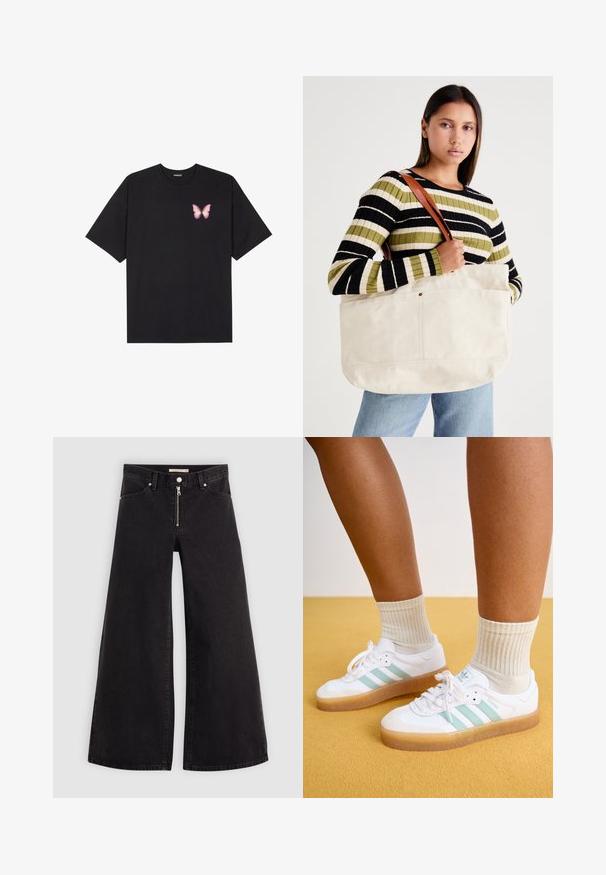 Melna kokvilnas T-krekls ar īsām piedurknēm, kuram priekšā kreisajā pusē ir neliels rozā tauriņa grafiskais attēls. Ar apaļu kaklu un brīvā stila piegriezumu.; Platas kājas džinsi melnā džinsa audumā ar rāvējslēdzēju priekšā, piecu kabatu dizains un smalkas šuvju detaļas. Gluda tekstūra un ikdienišķs stils.; Baltie sporta apavi ar piparmētru zaļām svītrām, gumijas zole un auklām, kombinēti ar ribotām krēmkrāsas zeķēm. Fonā dzeltena krāsa.; Liels bežs kanvas iepirkumu maisiņš ar brūnu ādas siksnām, kas piedāvā minimālistisku dizainu un redzamās šuves akcentus.