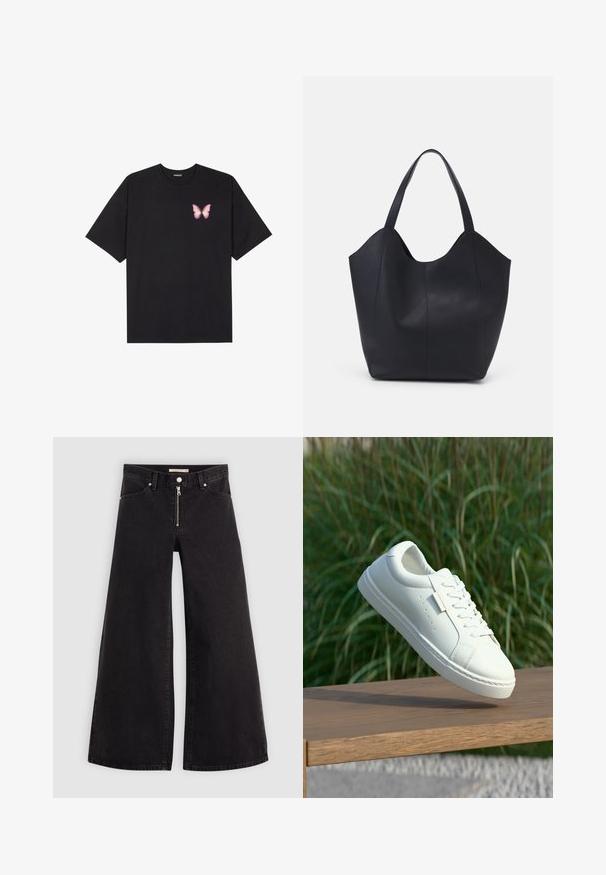 Tricou negru din bumbac cu mâneci scurte, având pe partea stângă a pieptului un mic grafic cu un fluture roz. Design cu guler rotund și croială lejeră.; Jeans cu picioare largi din denim negru, cu fermoar în față, design cu cinci buzunare și detalii subtile de cusătură. Textură netedă și stil casual.; Adidași albi din piele cu șireturi, suspendați deasupra unei bănci din lemn, iar în fundal se zăresc iarbă înaltă, verde, neclară, în aer liber.; Geantă de umăr neagră, realizată din piele netedă, cu un design minimalist, având un vârf deschis curbat și două mânere pentru umăr.