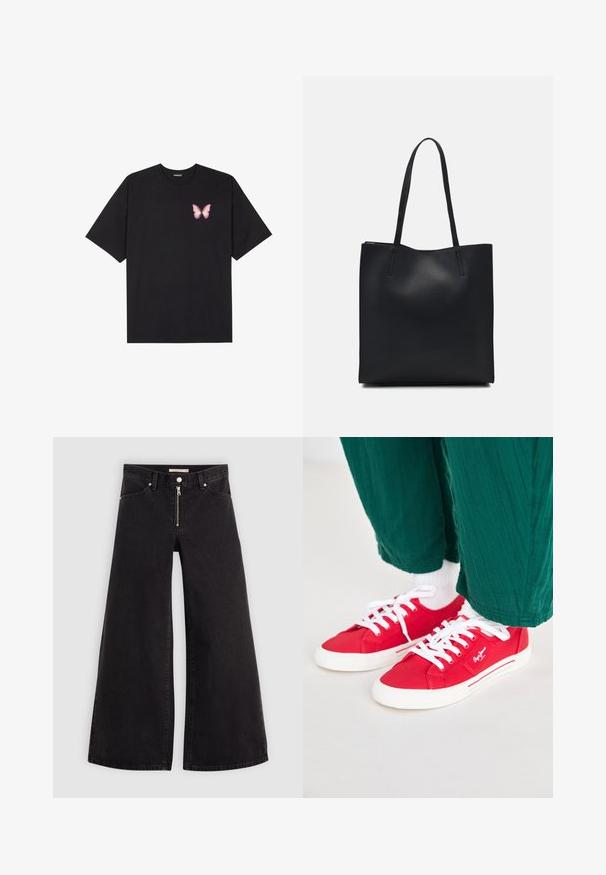 Black cotton t-shirt with short sleeves, featuring a small pink butterfly graphic on the left chest. Crew neck design with a relaxed fit.; Wide-leg jeans in black denim with a zippered front, five-pocket design, and subtle stitching details. Smooth texture and casual style.; Red canvas sneakers with white laces, featuring a white rubber sole and striped accents on the side. Worn with green textured pants and white socks.; Black leather tote bag with smooth texture, rectangular shape, and two long handles. No visible hardware or embellishments.