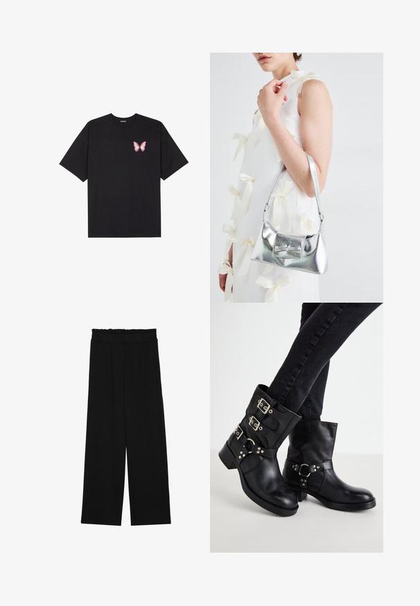 Svart bomullströja med korta ärmar, med en liten rosa fjärilsgrafik på vänster bröst. Rundad halsdesign med en avslappnad passform.; Svarta vida byxor med en volang vid midjan, med två sidofickor och ett slätt, lätt tyg. Inga synliga mönster eller detaljer.; Svarta läderankelstövlar med tre spännen, rund tå och en låg klack. Designen har släta och texturerade paneler.; Silver metallic handväska med en strukturerad form, utrustad med ett handtag upptill och en rosettdetalj på framsidan. Slät textur, reflekterande finish.