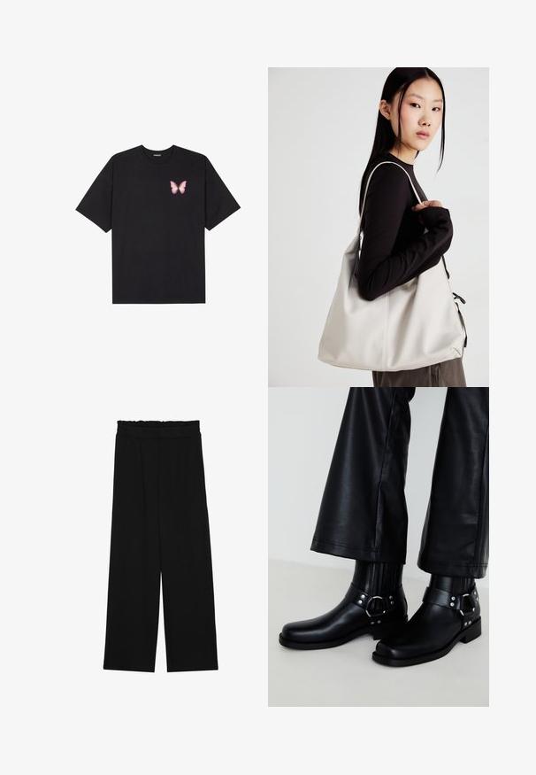 Svart bomulls T-skjorte med korte ermer, med en liten rosa sommerfugl grafikk på venstre bryst. Crew-neck design med en avslappet passform.; Svarte vide bukser med rynket liv, med to sidelommer og et glatt, lett stoff. Ingen synlige mønstre eller metalldeler.; Sorte lær ankle boots med rund tå, utstyrt med en dekorativ spenne og nagler på stroppen, samt vertikalt ribbete detaljer.; Beige håndveske laget av mykt materiale, med en slapp design, sydd detaljer og to skulderstropper. Passer for daglig bruk.