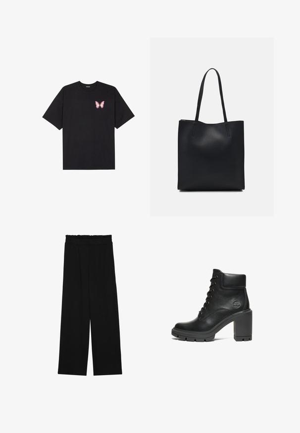 Black cotton t-shirt with short sleeves, featuring a small pink butterfly graphic on the left chest. Crew neck design with a relaxed fit.; Black wide-leg trousers with a ruffled waistband, featuring two side pockets and a smooth, lightweight fabric. No visible patterns or hardware.; Black leather ankle boot with a chunky heel, lace-up design, and textured rubber sole; features a small embossed logo on the side.; Black leather tote bag with smooth texture, rectangular shape, and two long handles. No visible hardware or embellishments.