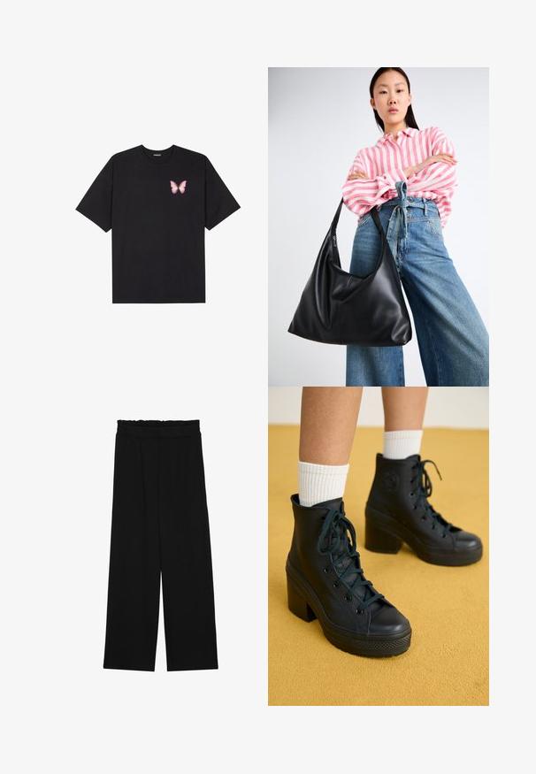 Svart bomulls T-skjorte med korte ermer, med en liten rosa sommerfugl grafikk på venstre bryst. Crew-neck design med en avslappet passform.; Svarte vide bukser med rynket liv, med to sidelommer og et glatt, lett stoff. Ingen synlige mønstre eller metalldeler.; Svarte høyhælte joggesko med teksturert overflate, snøring, gummitåhette og kraftige hæler, kombinert med hvite, ribbede ankelsokker.; Svart skinn skulderveske med en avslappet form og sømdetaljer. Modellen har på seg en rosa og hvit stripete skjorte med vide blå jeans.