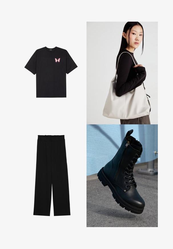 Must muströöpidega must puuvillane T-särk, vasakul rinnal on väike roosa liblikas. Ümar kaelus ja vabalt istuv lõige.; Mustad laiad püksid rüüstatud vöökohtadega, millel on kaks küljetaskut ja ühetaoline, kerge kangas. Ilma nähtavate mustrite või seadmeteeta.; Mustad mustad nahast pahkluu saapad, mis on varustatud nööpide ja külge tõmmatava lõppviimistlusega, tekstuurse viimistluse ja tugevate tallaga, millel on väljapaistvad tallatooted.; Bež käekott pehme materjali, millel on lõtv disain, õmblustega detailid ja kaks õlarihma. Sobib igapäevaseks kasutamiseks.