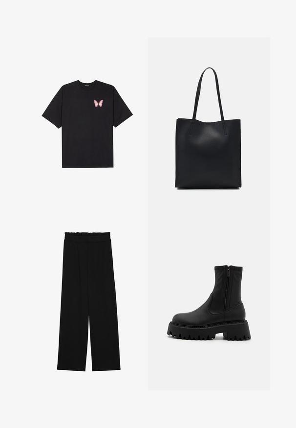 Svart bomullströja med korta ärmar, med en liten rosa fjärilsgrafik på vänster bröst. Rundad halsdesign med en avslappnad passform.; Svarta vida byxor med en volang vid midjan, med två sidofickor och ett slätt, lätt tyg. Inga synliga mönster eller detaljer.; Svarta ankelskor i matt syntetmaterial, med sidodragkedja, kraftig plattformssula med tänder och förstärkta sömmar.; Svart lädertoffelväska med slät textur, rektangulär form och två långa handtag. Ingen synlig hårdvara eller dekorationer.