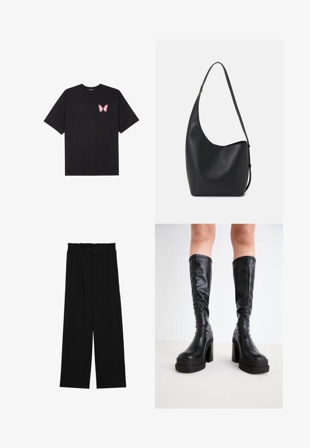 Crna pamučna majica s kratkim rukavima, s malim grafičkim prikazom ružičaste vjetricaste s desne strane na prsima. Dizajn s okruglim izrezom i opuštenim krojem.; Crne široke hlače s naboranim pojasom, koje imaju dva bočna džepa i glatku, laganu tkaninu. Nema vidljivih uzoraka ili metalnih dijelova.; Crne čizme do koljena od glatke kože, s debelim platformom i blok petom, s prošivenim detaljima duž rubova.; Crna kožna hobo torba s glatkom teksturom, zakrivljenim oblikom i jednom podesivom trakicom; ima širok otvor na vrhu.