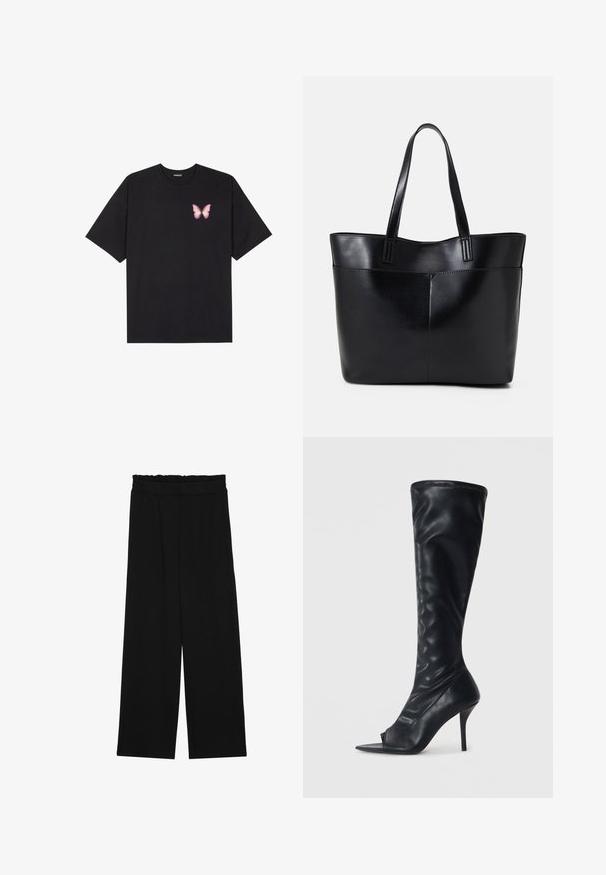 T-shirt en coton noir à manches courtes, avec un petit graphique de papillon rose sur la poitrine gauche. Modèle à col rond avec une coupe décontractée.; Pantalons larges noirs à taille volante, dotés de deux poches latérales et d'un tissu lisse et léger. Pas de motifs ni de matériel visible.; Botte montante en simili cuir noir avec un bout ouvert pointu et un talon aiguillé haut. Tige texturée et finition lisse.; Sac fourre-tout en cuir noir avec deux longues poignées, une texture lisse et une forme structurée. Dispose d'une poche avant pour un rangement supplémentaire.