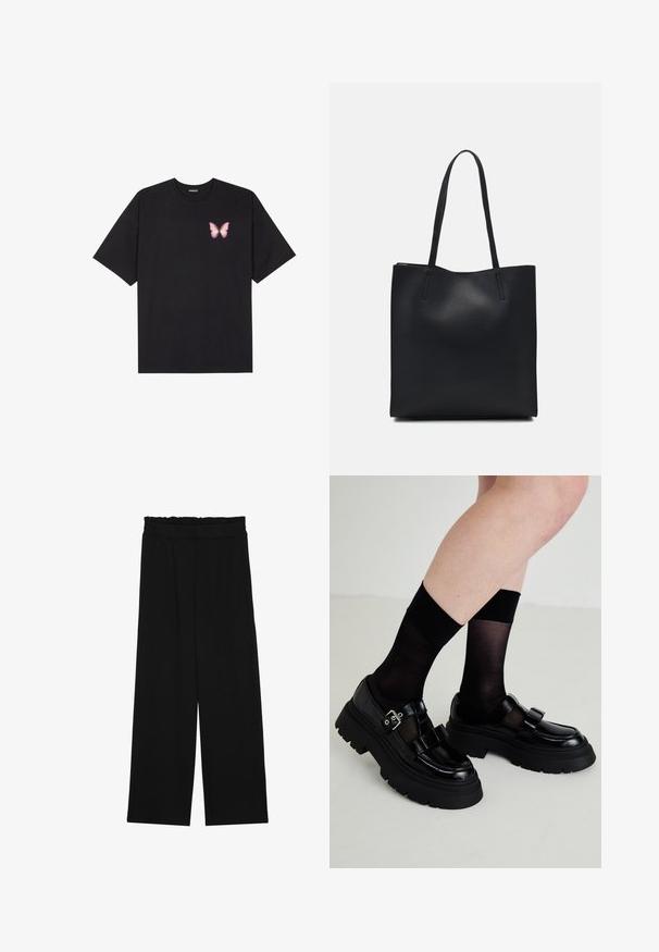 Melna kokvilnas T-krekls ar īsām piedurknēm, kuram priekšā kreisajā pusē ir neliels rozā tauriņa grafiskais attēls. Ar apaļu kaklu un brīvā stila piegriezumu.; Melnas platās bikses ar volangām jostasvietā, ar divām sānu kabatām un gludu, vieglu audumu. Nav redzamu rakstu vai aksesuāru.; Melna lakota āda apavi ar masīviem zoliem, divām dekoratīvām siksnām un sprādzi, savienoti ar caurspīdīgām melnām zeķēm.; Melnas ādas somiņa ar gludu tekstūru, taisnstūra formu un divām garām rokturiem. Nav redzamu aparatūras vai rotājumu.