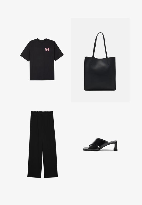 Schwarzes Baumwoll-T-Shirt mit kurzen Ärmeln, das ein kleines pinkes Schmetterlingsmotiv auf der linken Brust zeigt. Crewneck-Design mit einem entspannten Schnitt.; Schwarze weit geschnittene Hose mit einem gerüschten Bund, ausgestattet mit zwei Seitentaschen und einem glatten, leichten Stoff. Keine sichtbaren Muster oder Beschläge.; Schwarze Leder-Absatzsandalen mit einem Kreuzriemen-Design, quadratischer Zehenpartie und Blockabsatz. Glatte Textur mit minimalen Details.; Schwarze Laptoptasche aus Leder mit glatter Textur, rechteckiger Form und zwei langen Griffen. Keine sichtbaren Beschläge oder Verzierungen.