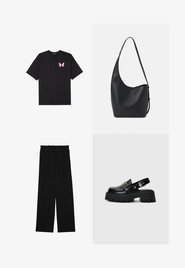 Camiseta de algodón negra de manga corta, con un pequeño gráfico de mariposa rosa en el lado izquierdo del pecho. Diseño de cuello redondo con un corte relajado.; Pantalones de pierna ancha negros con una cintura con volantes, que cuentan con dos bolsillos laterales y una tela suave y ligera. Sin patrones visibles ni accesorios.; Sandalias de plataforma negras hechas de cuero brillante, con una correa de hebilla y una suela gruesa texturizada con estrías pronunciadas.; Bolso tipo hobo de cuero negro con una textura suave, forma curvada y una sola correa ajustable; presenta una amplia apertura en la parte superior.