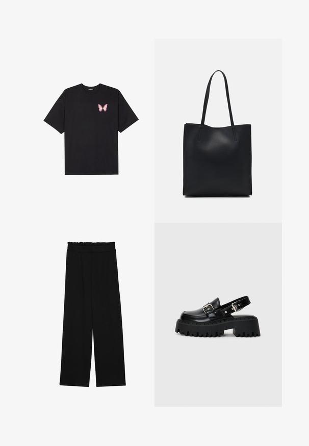 Svart bomulls T-skjorte med korte ermer, med en liten rosa sommerfugl grafikk på venstre bryst. Crew-neck design med en avslappet passform.; Svarte vide bukser med rynket liv, med to sidelommer og et glatt, lett stoff. Ingen synlige mønstre eller metalldeler.; Svart plattformssandaler laget av skinnende lær, med en spenne stropp og teksturert tykk såle med uttalte riller.; Svart lær tote bag med glatt tekstur, rektangulær form og to lange håndtak. Ingen synlige deler eller dekorasjoner.