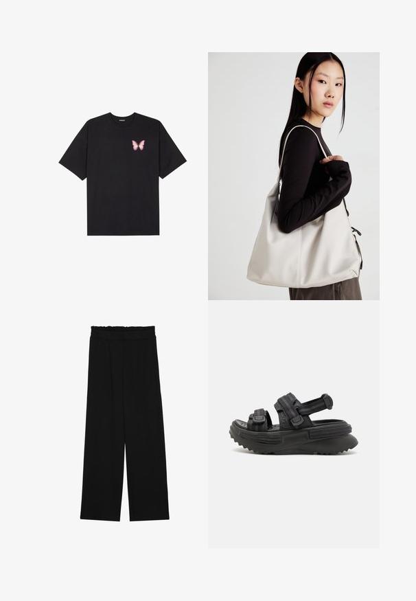 Black cotton t-shirt with short sleeves, featuring a small pink butterfly graphic on the left chest. Crew neck design with a relaxed fit.; Black wide-leg trousers with a ruffled waistband, featuring two side pockets and a smooth, lightweight fabric. No visible patterns or hardware.; Black platform sandals with adjustable straps, rubber sole featuring a jagged tread pattern, and textured fabric for comfort and support.; Beige handbag made of soft material, featuring a slouchy design, stitched detailing, and two shoulder straps. Suitable for everyday use.