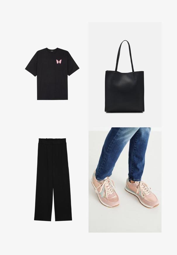 Svart bomulls T-skjorte med korte ermer, med en liten rosa sommerfugl grafikk på venstre bryst. Crew-neck design med en avslappet passform.; Svarte vide bukser med rynket liv, med to sidelommer og et glatt, lett stoff. Ingen synlige mønstre eller metalldeler.; Rosa sko laget av semsket skinn og lær, med lys blå detaljer, avrundet tå og hvite gummisåler. Snøringen er beige.; Svart lær tote bag med glatt tekstur, rektangulær form og to lange håndtak. Ingen synlige deler eller dekorasjoner.