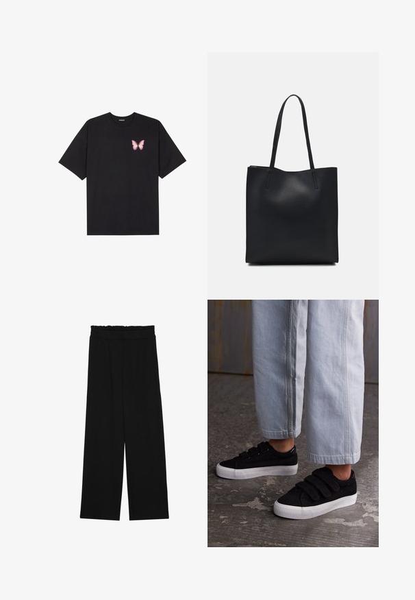 T-shirt nera in cotone con maniche corte, caratterizzata da una piccola grafica di una farfalla rosa sul lato sinistro del petto. Design a girocollo con una vestibilità rilassata.; Pantaloni neri a gamba larga con cintura arricciata, dotati di due tasche laterali e un tessuto liscio e leggero. Nessun motivo visibile o parti metalliche.; Sneakers in corduroy neri con tre cinturini in velcro e una parte superiore testurizzata. Suola in gomma bianca a profilo basso. Indossati con pantaloni a tre quarti azzurri chiari.; Borsa tote in pelle nera con texture liscia, forma rettangolare e due manici lunghi. Nessun hardware o decorazione visibile.